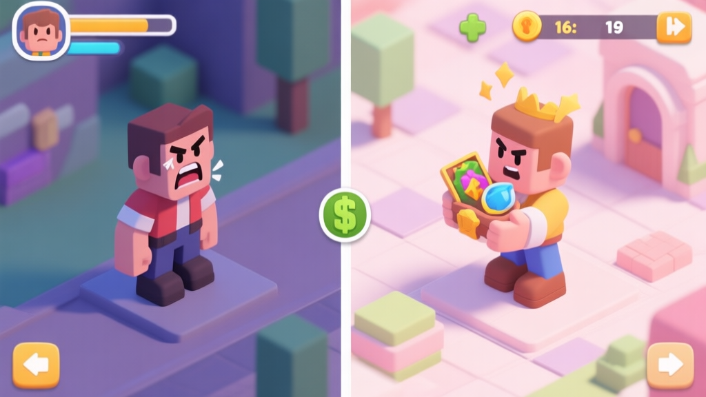 A split-screen game interface showing a frustrated player character on one side and a successful character with exclusive items on the other, soft pastel colors, isometric view high quality illustration, detailed, 16:9