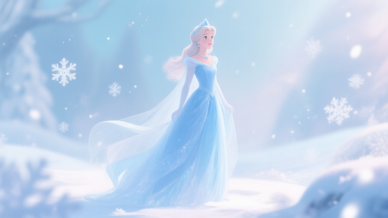 自动生成图片: A serene, magical winter princess character in a flowing ice-blue gown, standing in a soft-focus fantasy landscape with sparkling snowflakes, rendered in a soft pastel color palette with ethereal lighting high quality illustration, detailed, 16:9