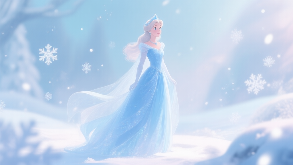 A serene, magical winter princess character in a flowing ice-blue gown, standing in a soft-focus fantasy landscape with sparkling snowflakes, rendered in a soft pastel color palette with ethereal lighting high quality illustration, detailed, 16:9