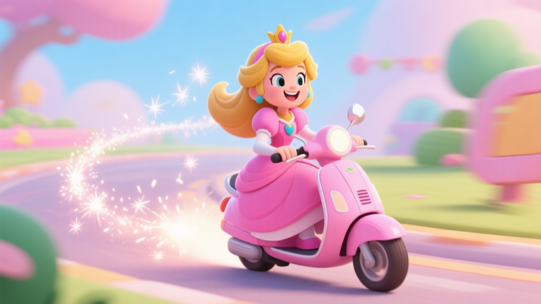 自动生成图片: A cheerful, stylized princess character on a pink scooter in a vibrant game environment, leaning into a turn with a trail of sparkles behind her, soft pastel color palette, cartoon illustration style high quality illustration, detailed, 16:9