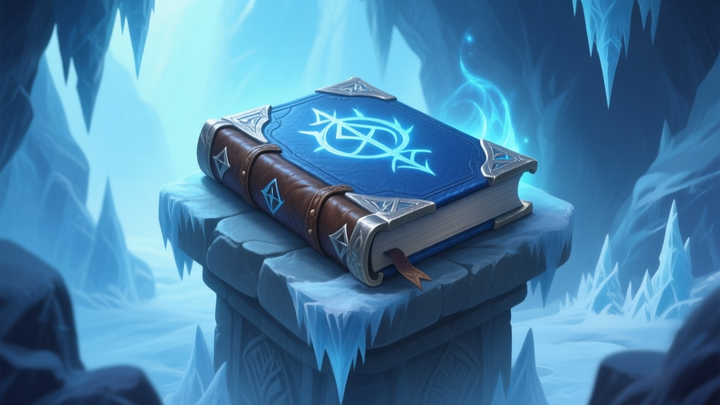 A mystical, leather-bound book with icy blue covers and glowing silver runes, resting on an ancient stone pedestal in a frozen cavern, soft magical light illuminating frost patterns around it, fantasy game art style high quality illustration, detailed, 16:9