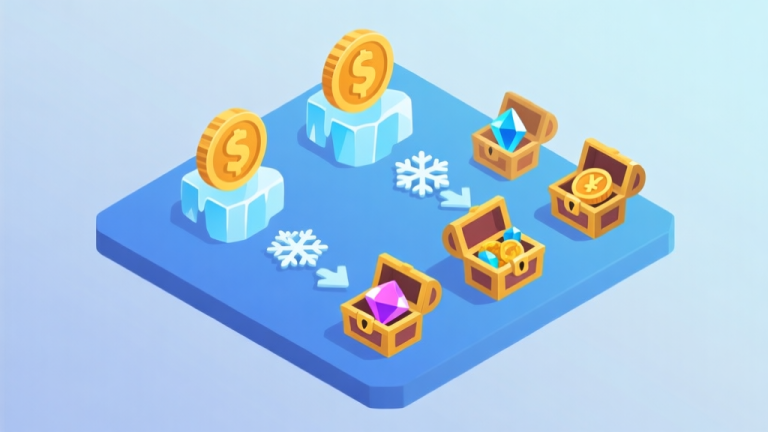 自动生成图片: An isometric view of a game event economy diagram, showing three distinct currency icons (ice coins, snowflakes, gemstones) flowing into various reward chests and exclusive cosmetic items, on a soft blue and silver background, flat design style high quality illustration, detailed, 16:9