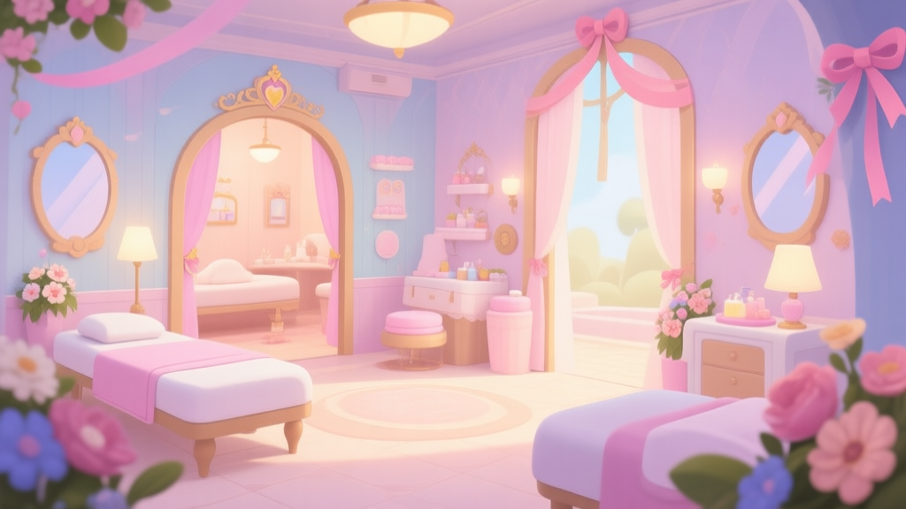 A cozy, inviting game scene of a newly opened princess spa interior, with soft pastel colors, gentle lighting, and decorative elements like flowers and ribbons, evoking a sense of calm and opportunity high quality illustration, detailed, 16:9