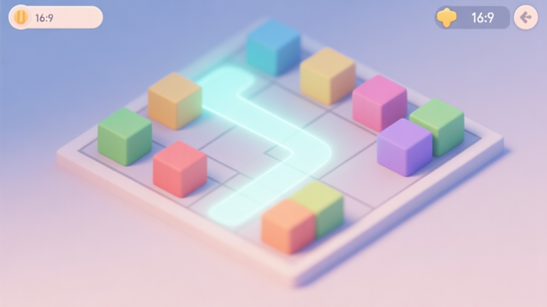 自动生成图片: A serene, minimalist game interface showing colorful blocks on a grid, with a faint glowing path suggesting a solution, soft pastel colors, clean lines high quality illustration, detailed, 16:9