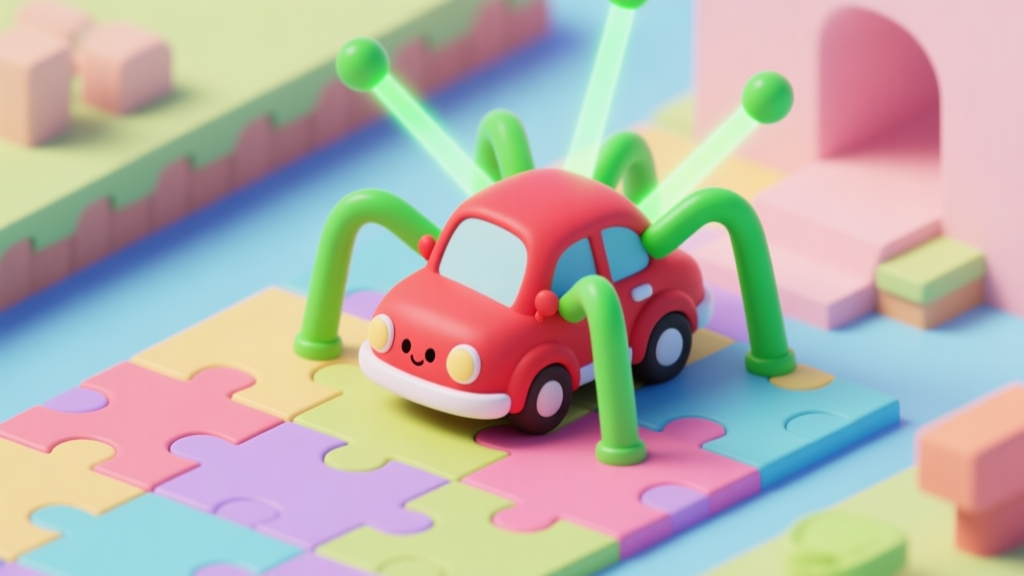 A cute red cartoon car trapped by green alien tripod beams in a colorful puzzle level, isometric view, soft pastel colors, game asset style high quality illustration, detailed, 16:9