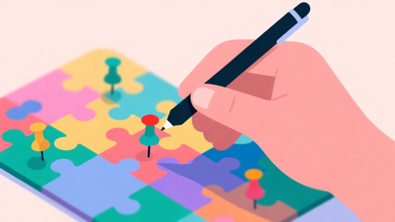 自动生成图片: A minimalist illustration of a hand holding a stylus, about to place a colorful pin onto a vibrant, complex puzzle board. The background is soft with pastel colors, focusing on the strategic action. high quality illustration, detailed, 16:9