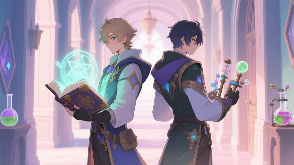 Two distinct fantasy game character designs standing back-to-back in a magical academy hallway, one with glowing traditional spellbooks, the other with experimental alchemical tools, soft pastel color palette, anime-inspired style high quality illustration, detailed, 16:9