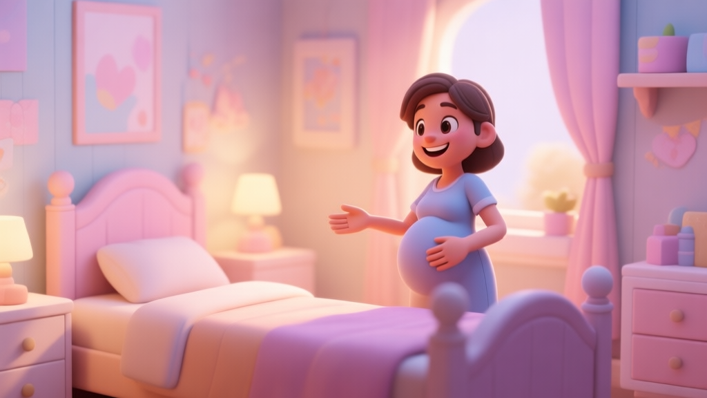 A cozy, softly lit virtual bedroom in a simulation game, with a pregnant character model smiling while interacting with a partially decorated room, pastel color palette, warm and inviting atmosphere high quality illustration, detailed, 16:9
