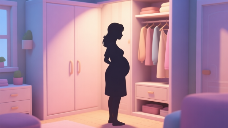 自动生成图片: A cozy, softly lit virtual dressing room in a life simulation game, with a pregnant character silhouette looking at a wardrobe, pastel color palette, gentle shadows, warm and comforting atmosphere high quality illustration, detailed, 16:9