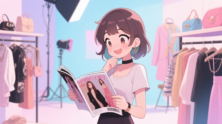 自动生成图片: A cheerful anime-style character, Sery, standing in a vibrant digital photo studio, surrounded by clothing racks and fashion accessories, looking thoughtfully at a fashion magazine, soft pastel color palette high quality illustration, detailed, 16:9