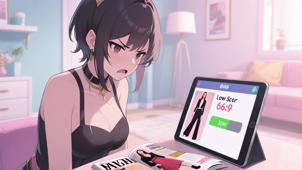 A frustrated female game character in a stylish room, looking at a fashion magazine on a tablet screen with a low score, soft pastel color palette, anime-inspired game art style high quality illustration, detailed, 16:9