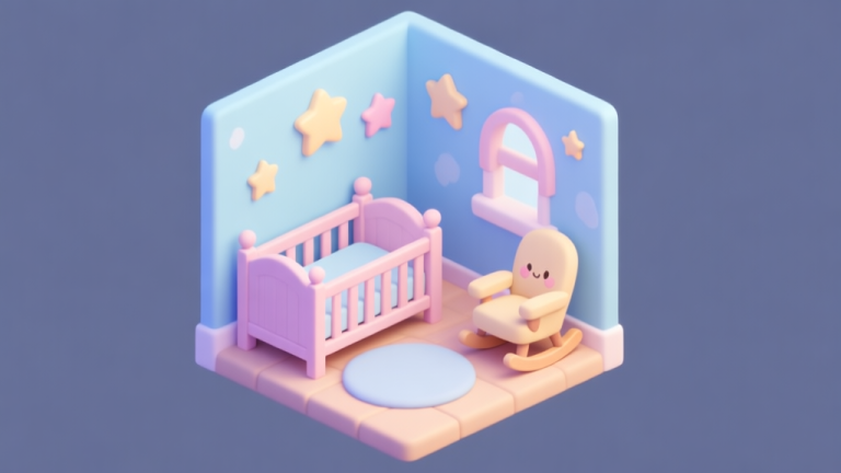 自动生成图片: A cozy, isometric view of a charming nursery in a life simulation game, featuring a pastel color palette, a cute crib, a rocking chair, and decorative stars on a soft blue wall, rendered in a gentle, illustrative game art style high quality illustration, detailed, 16:9