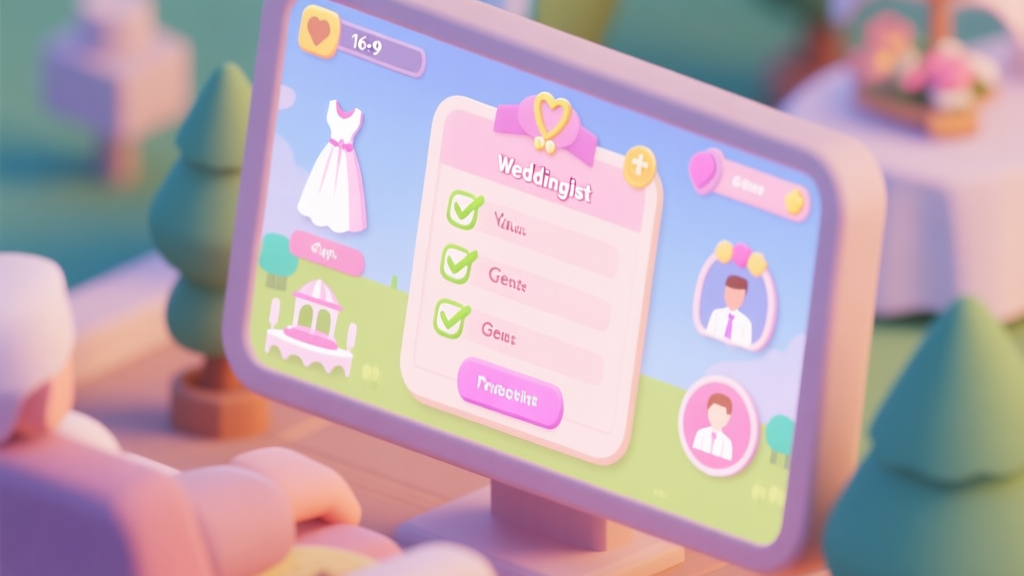A cozy, isometric view of a player's screen showing a vibrant in-game wedding preparation checklist, with soft pastel colors, icons for dress, venue, and guests, and a calming background high quality illustration, detailed, 16:9