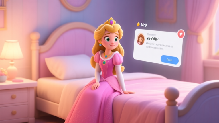 自动生成图片: A cozy, softly lit bedroom scene in a simulation game, with a princess character sitting on the edge of a bed, a notification window floating nearby showing an invitation, warm pastel color palette high quality illustration, detailed, 16:9