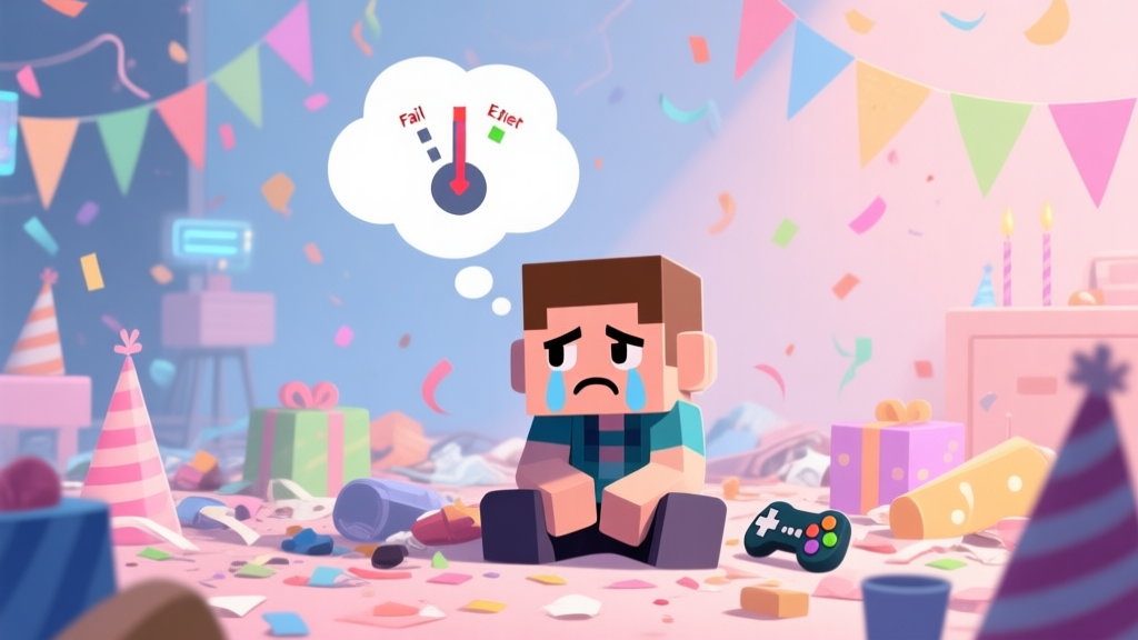 An illustration of a frustrated game avatar sitting amidst messy virtual party decorations, with a sad thought bubble showing a failed event meter, in a soft pastel color palette high quality illustration, detailed, 16:9