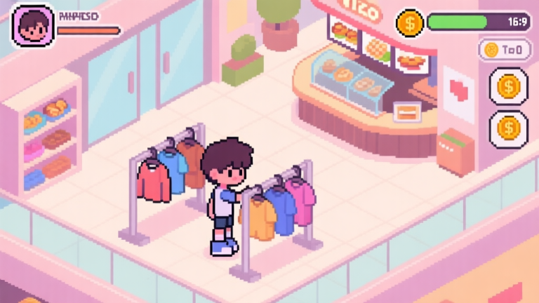 自动生成图片: A cozy isometric illustration of a video game mall interior, with a teenage character sprite browsing clothing racks, a food court in the background, and subtle UI elements showing a happiness meter and in-game currency, soft pastel color palette high quality illustration, detailed, 16:9