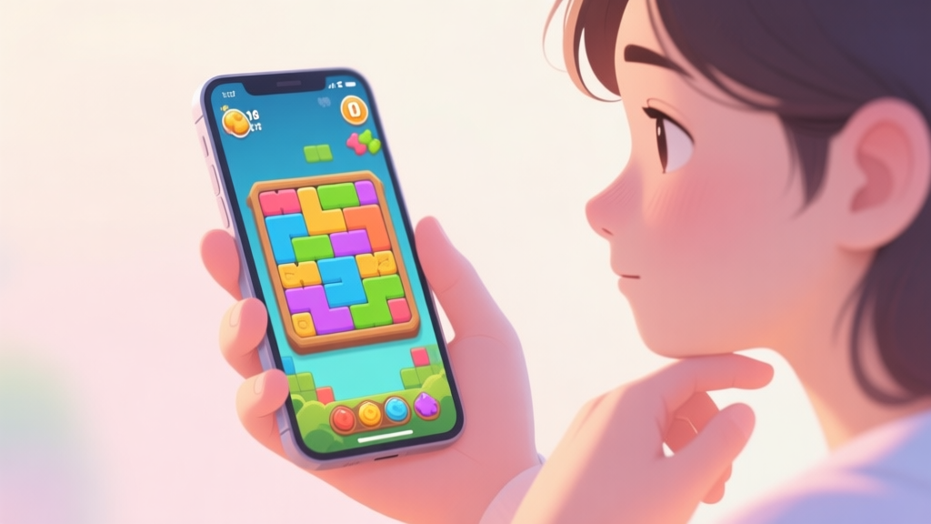 A hand holding a smartphone displaying a colorful and intricate puzzle game level, with a thoughtful expression, soft natural lighting, pastel color palette high quality illustration, detailed, 16:9