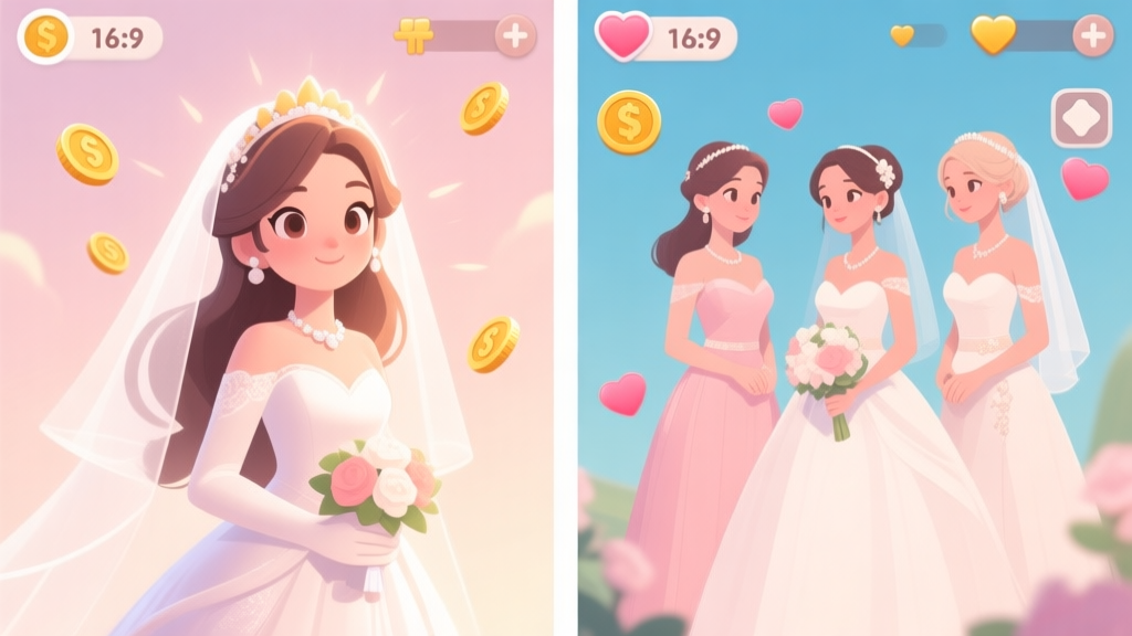 Split-screen illustration showing a radiant bride character on one side and elegant bridesmaids on the other, with subtle game UI elements like coin and heart icons floating around, soft pastel color palette high quality illustration, detailed, 16:9