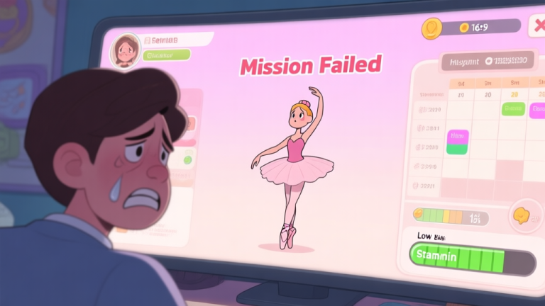 自动生成图片: A frustrated player looking at a game screen showing a "Mission Failed" message for a ballet dancer character, with a cluttered in-game schedule and low stamina bar visible, soft pastel color palette high quality illustration, detailed, 16:9