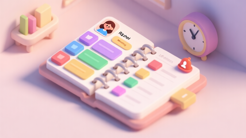 An isometric view of a cozy digital planner interface with a character icon representing Rachel, multiple colorful task blocks, a prominent meeting alert, and a clock, all in a soft pastel color palette with gentle shadows high quality illustration, detailed, 16:9