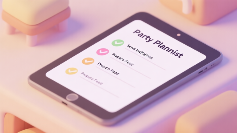 自动生成图片: A cozy, isometric view of a digital party planning checklist on a tablet screen, showing tasks like "Send Invitations" and "Prepare Food", with soft pastel colors and gentle lighting high quality illustration, detailed, 16:9