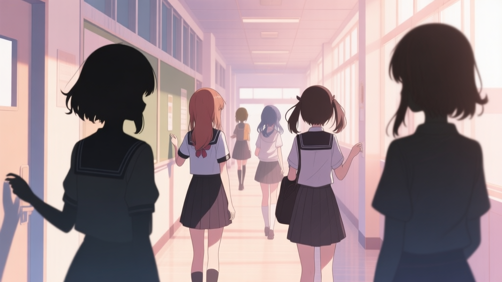 A cozy, inviting illustration of a virtual high school hallway with multiple diverse anime-style female student character silhouettes, each with distinct hairstyles and uniforms, viewed from behind as if choosing one. Soft pastel color scheme with warm lighting. high quality illustration, detailed, 16:9
