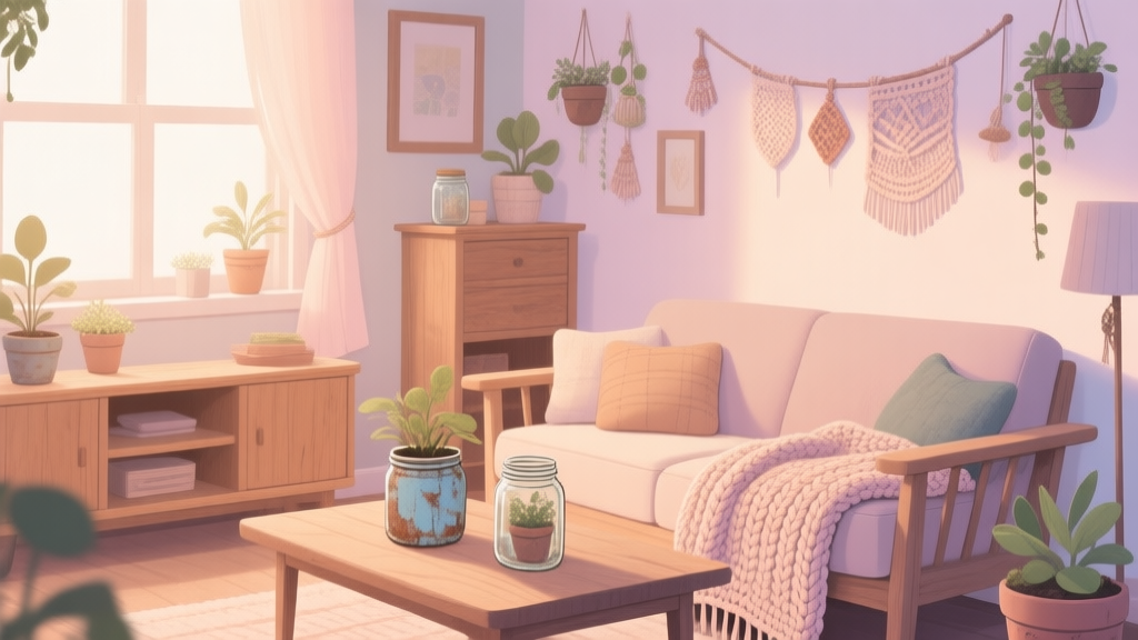 Warm and cozy living room corner with handmade decorations, soft natural lighting, wooden furniture, a knitted blanket and repurposed jars as plant pots, in a soft pastel color palette high quality illustration, detailed, 16:9