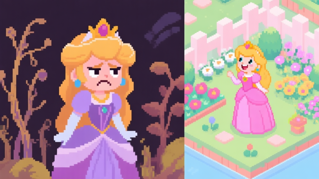 A split-screen illustration showing a frustrated princess character on the left with withered pixel-art plants, and a happy princess on the right with a vibrant, blooming garden. Soft pastel color palette, isometric game view. high quality illustration, detailed, 16:9