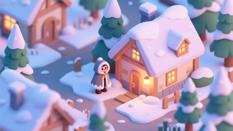自动生成图片: A cozy, isometric view of a charming simulation game village in winter, with snow-covered rooftops and pine trees, a character wearing a distinct snow cloak stands near a warm-lit cottage, soft pastel color palette high quality illustration, detailed, 16:9