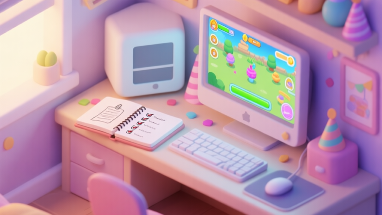 自动生成图片: A cozy, isometric view of a game room setup with a computer showing a vibrant life simulation game on screen, pastel color palette, soft lighting, open notebook with checklists and sketches of party decorations next to the keyboard high quality illustration, detailed, 16:9