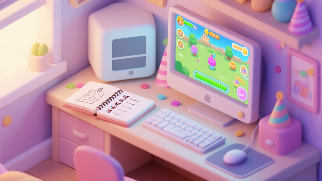 A cozy, isometric view of a game room setup with a computer showing a vibrant life simulation game on screen, pastel color palette, soft lighting, open notebook with checklists and sketches of party decorations next to the keyboard high quality illustration, detailed, 16:9