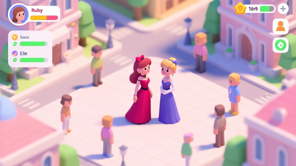 A stylized, isometric view of a vibrant in-game cityscape for a life simulation game, with two distinct, elegantly dressed female NPC characters (hinting at Ruby and Elle) standing in a central plaza, surrounded by other simpler NPCs. Soft pastel color palette, clean UI elements floating nearby showing social stats increasing. high quality illustration, detailed, 16:9