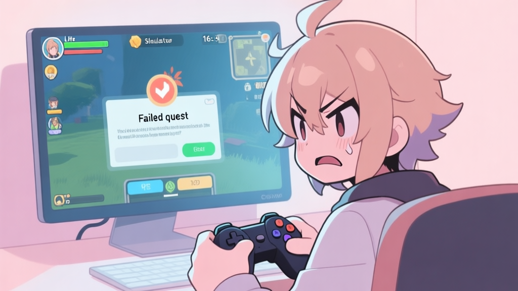 A frustrated gamer looking at a computer screen showing a failed quest notification in a life simulation game, soft pastel color palette, anime-inspired character design high quality illustration, detailed, 16:9