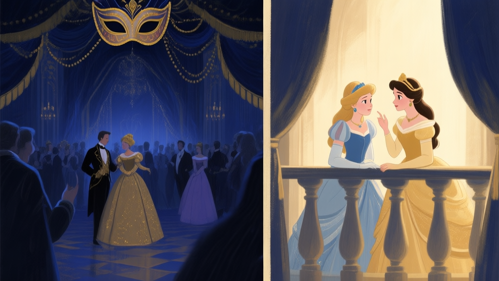 A split-screen illustration showing a grand, mysterious masquerade ball on one side and two elegant princesses having a secret conversation in a secluded balcony on the other, soft lighting, painterly style, muted gold and deep blue color scheme high quality illustration, detailed, 16:9