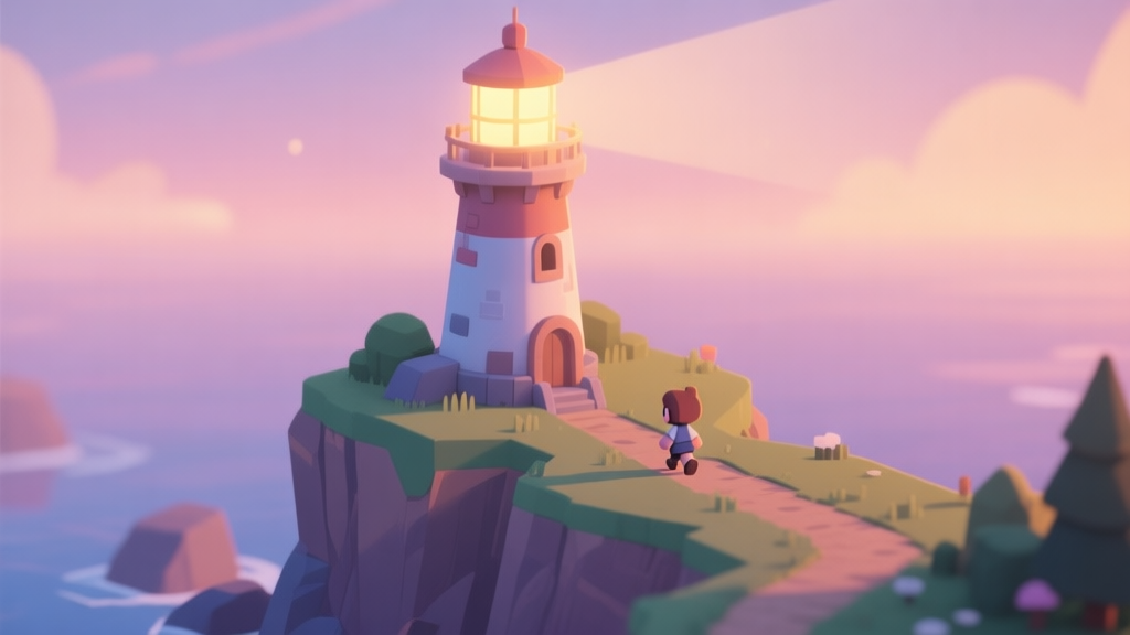 A serene, stylized isometric view of Little Hazel's lighthouse on a cliff at dusk, warm light glowing from the top, a small character approaching the path, soft pastel color palette, cozy game art style high quality illustration, detailed, 16:9