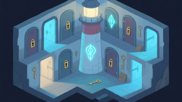 自动生成图片: Isometric cutaway view of a mysterious lighthouse interior, multiple locked doors with glowing runes, hidden passages and keys visible in cross-section, soft melancholic blue and grey color palette, digital painting style high quality illustration, detailed, 16:9