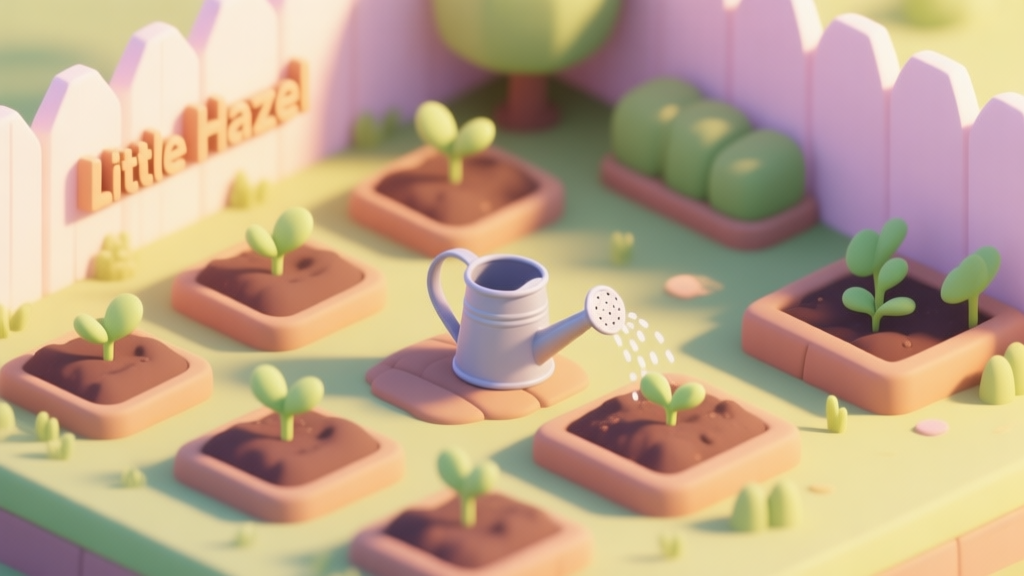 A cozy, isometric view of a Little Hazel-style garden with neat rows of soil, a small watering can, and a few sprouting plants, in a soft pastel color palette with warm sunlight high quality illustration, detailed, 16:9