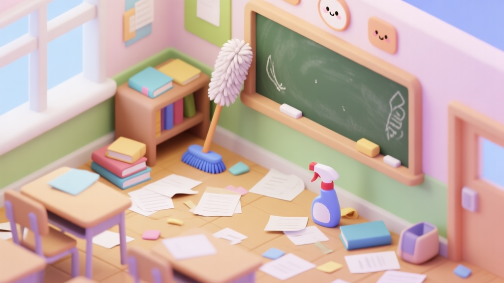 A cheerful isometric view of a bright and messy elementary school classroom, with books and papers on the floor, a dusty chalkboard, and cute, simple cleaning tools like a feather duster and a spray bottle waiting to be used, soft pastel color palette high quality illustration, detailed, 16:9
