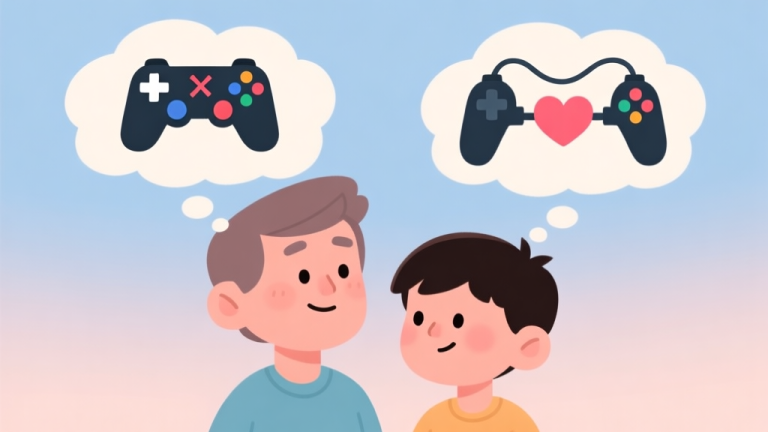 自动生成图片: An illustration of two sibling characters, one older and one younger, with thought bubbles above their heads. One bubble shows a single game controller with a conflict symbol, the other shows two controllers connected by a heart, symbolizing the shift from conflict to cooperation. Soft pastel colors, cartoon style. high quality illustration, detailed, 16:9