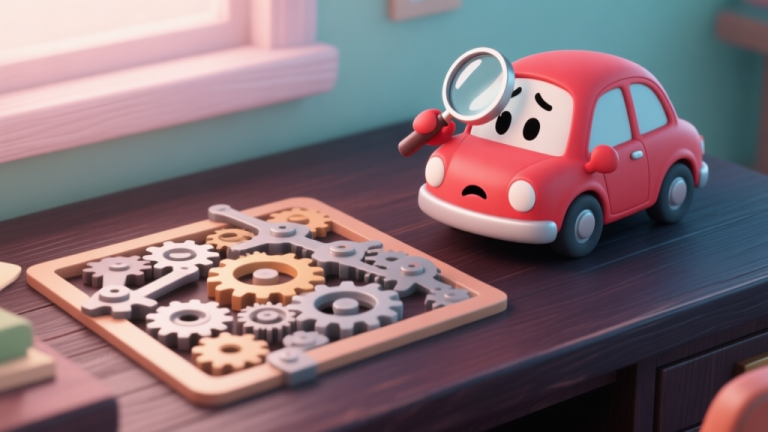 自动生成图片: A cute red cartoon car with magnifying glass, looking confused at a complex puzzle of gears and levers on a dark wooden desk, soft lighting, pastel color scheme high quality illustration, detailed, 16:9
