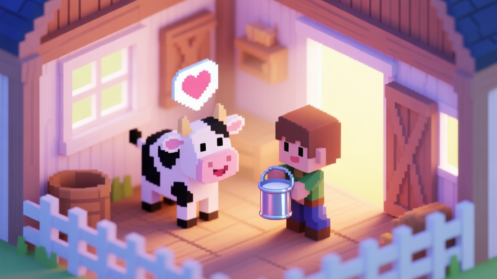 A cozy, isometric view of a pixel-art barn interior at dawn, soft light filtering through windows, a happy cartoon cow with a heart icon above its head, and a player character holding a shiny milk pail, in a calm pastel color palette high quality illustration, detailed, 16:9