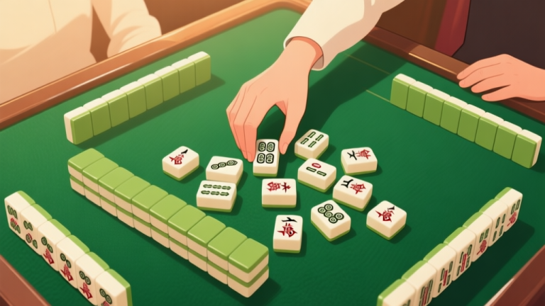 自动生成图片: A top-down view of a beautifully arranged Mahjong hand on a green felt table, with a player's hand thoughtfully selecting a tile, soft lighting, warm and inviting color palette high quality illustration, detailed, 16:9