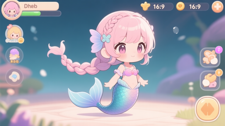 自动生成图片: Cute anime-style game character with a detailed fishtail braid hairstyle, pastel color palette, soft lighting, in a charming game UI setting high quality illustration, detailed, 16:9