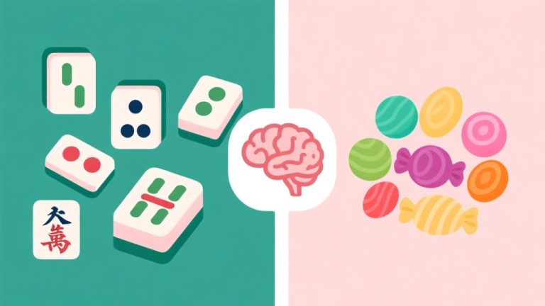 自动生成图片: Split-screen illustration showing abstract Mahjong tiles on one side and colorful candy pieces on the other, connected by a brain icon in the middle, soft pastel color palette, minimalist flat design high quality illustration, detailed, 16:9