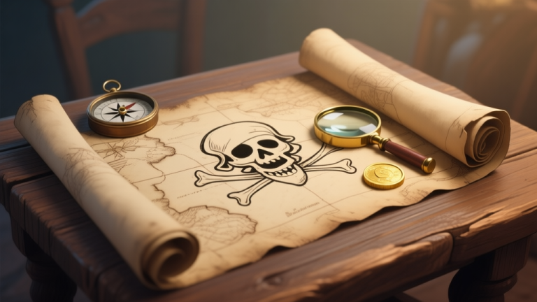 自动生成图片: A weathered, hand-drawn pirate map partially unrolled on a wooden table, with a compass, magnifying glass, and a single gold coin resting on it, soft ambient lighting, muted earth tones high quality illustration, detailed, 16:9