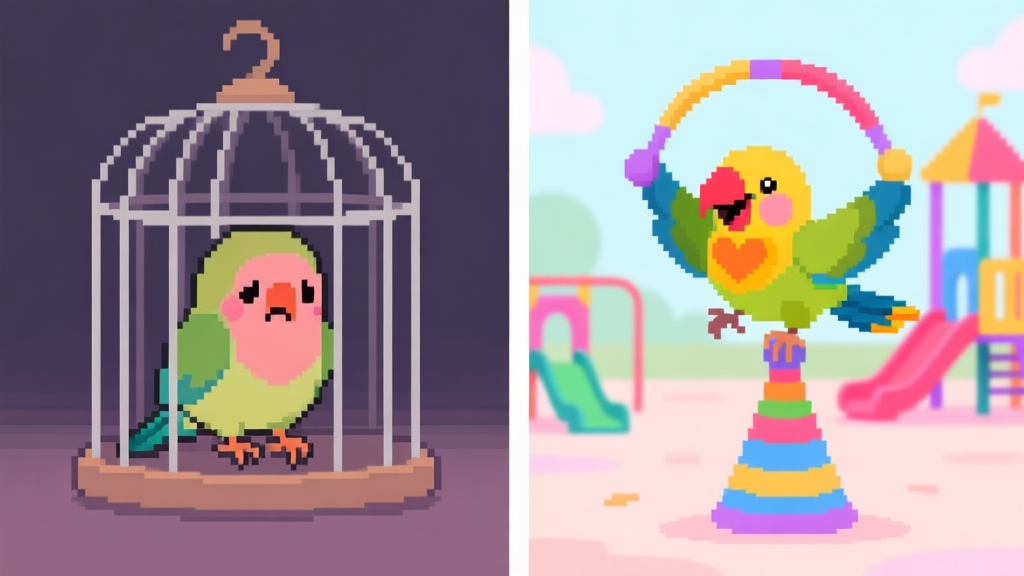 A split-screen illustration showing a sad pixel-art lovebird in a bare cage on one side, and a vibrant, happy lovebird performing a trick on a colorful playground on the other, soft pastel color palette high quality illustration, detailed, 16:9