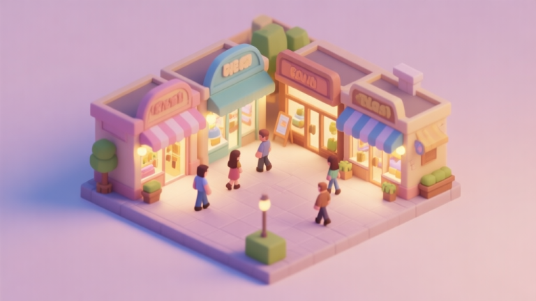 自动生成图片: Isometric view of a small, charming virtual mall with 3-4 distinct shops, a few customer avatars walking around, soft pastel color palette, warm lighting, video game style high quality illustration, detailed, 16:9