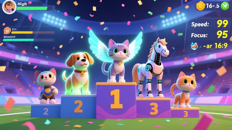 自动生成图片: A vibrant, stylized game screenshot showing a diverse team of athletic virtual pets (a glowing dog, a winged cat, a robotic horse) standing on winner's podiums in a digital stadium, confetti falling, with subtle UI elements showing high stats like Speed: 99, Focus: 95 -ar 16:9 high quality illustration, detailed, 16:9