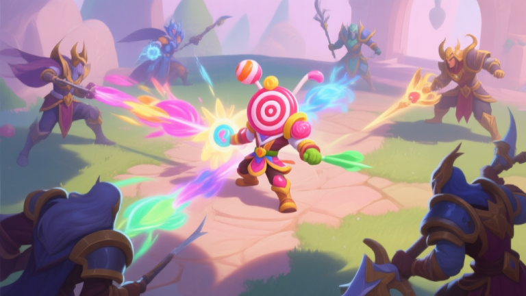 自动生成图片: A vibrant yet strategic game scene showing a candy-themed hero at the center of a battle, colorful skill effects emanating in a controlled area, with other fantasy heroes positioned strategically around it, soft pastel color palette with deep shadows high quality illustration, detailed, 16:9