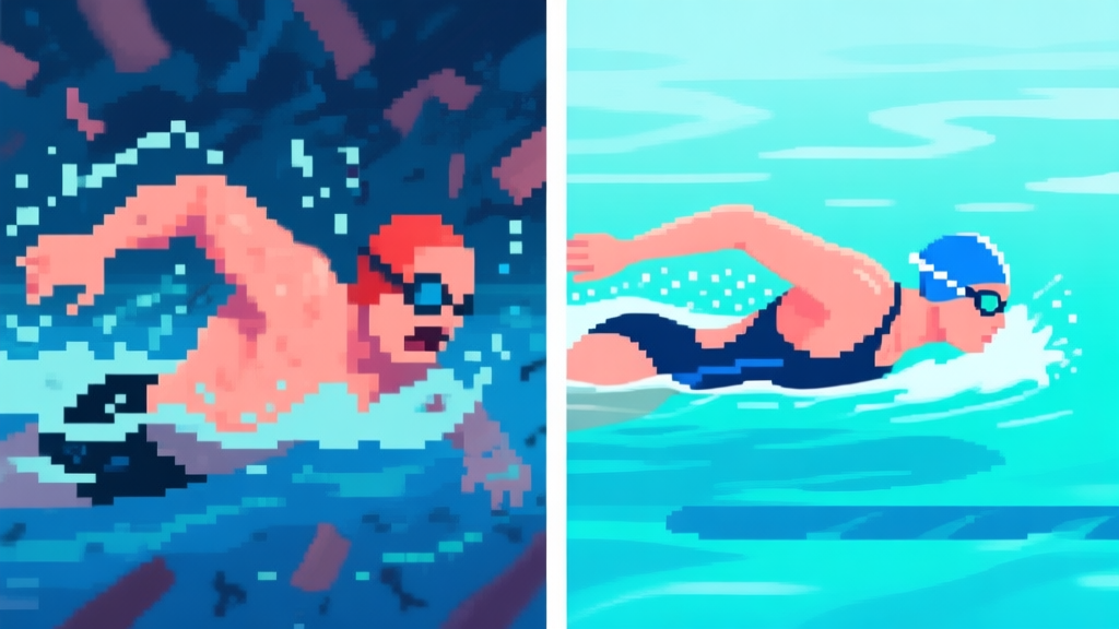 Split-screen comparison of a chaotic, struggling pixelated swimmer versus a smooth, professional-looking swimmer gliding through water, soft blue and teal color palette, digital illustration high quality illustration, detailed, 16:9